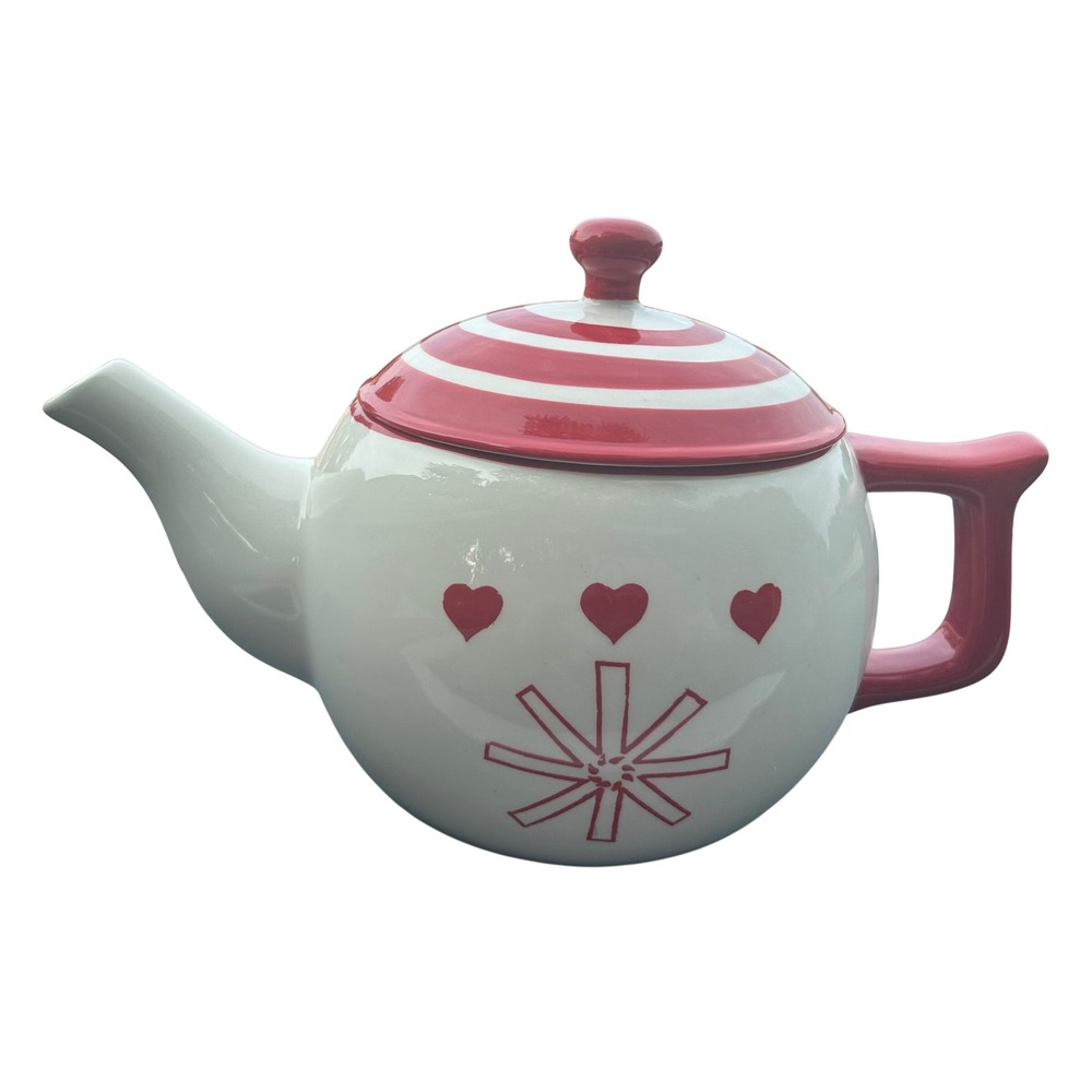 Red & White Heart Stripe snowflake Ceramic Teapot Microwave Dishwasher Safe